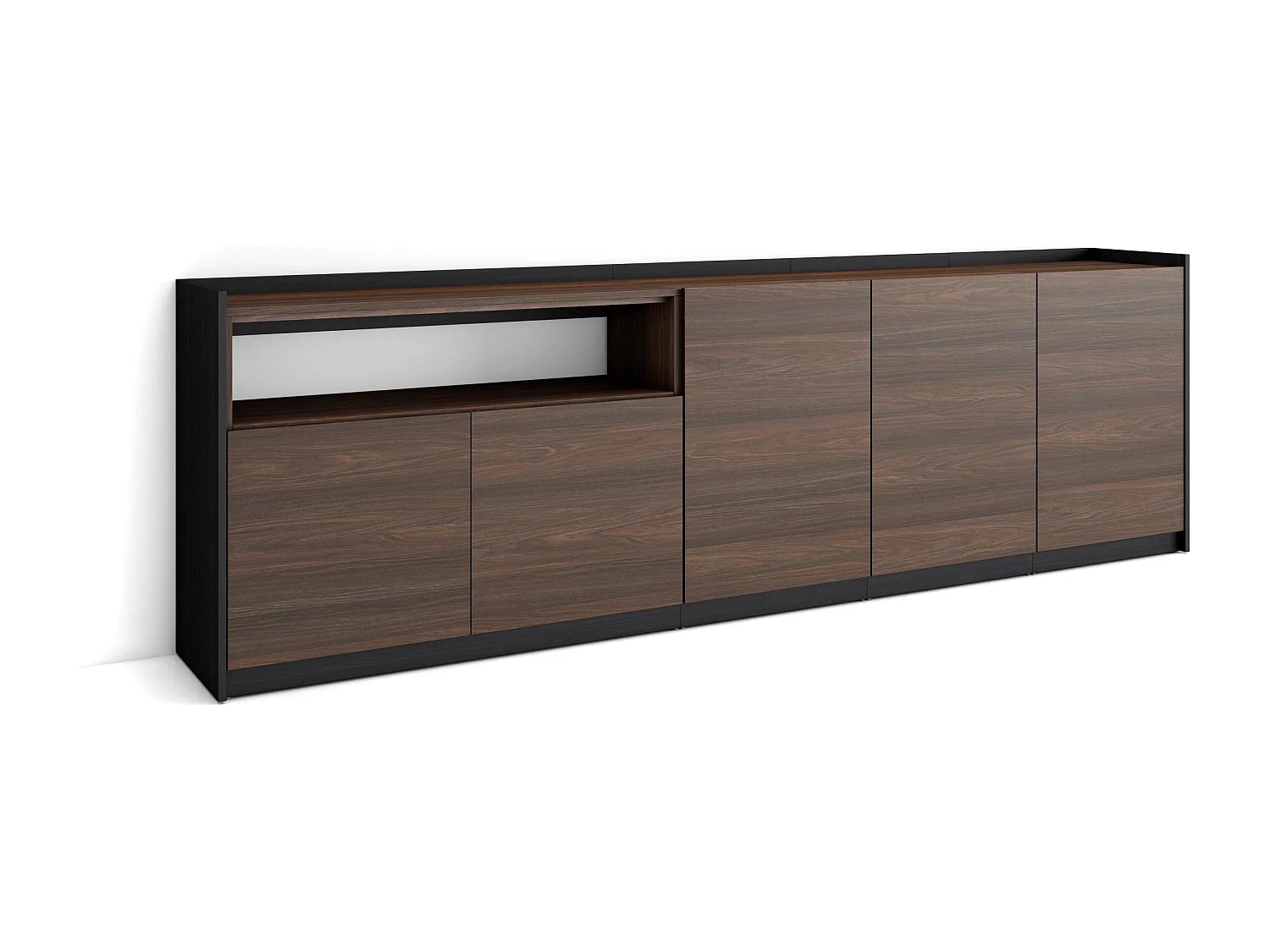 Dressoir, Opbergkast, 260x80x37 cm, 5 Deuren, Woonkamer, hal, Donkere eik en Zwart