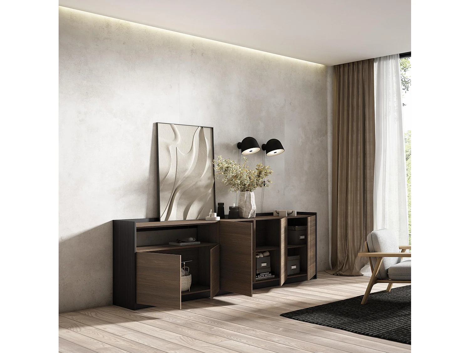 Dressoir, Opbergkast, 260x80x37 cm, 5 Deuren, Woonkamer, hal, Donkere eik en Zwart