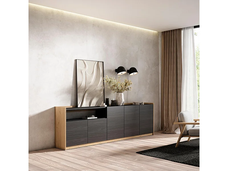 Credenza, Mobile, Cucina, 260x80x37 cm, 5 Porte, grande stoccaggio, Nero e rovere