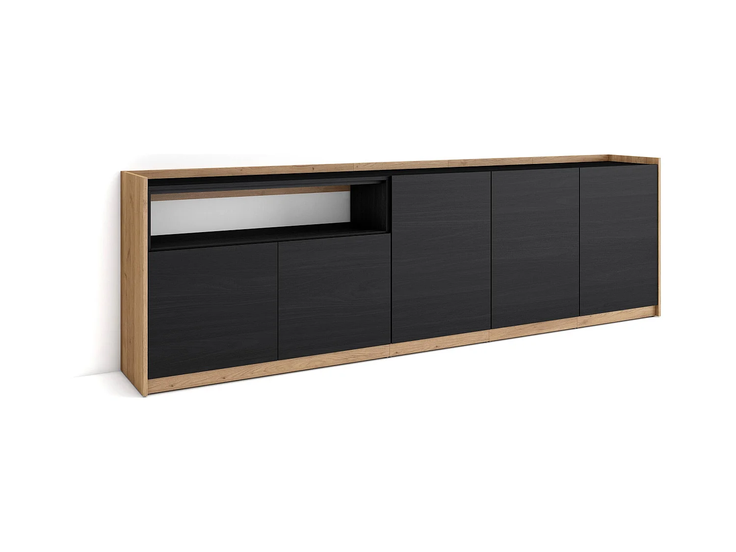 Credenza, Mobile, Cucina, 260x80x37 cm, 5 Porte, grande stoccaggio, Nero e rovere