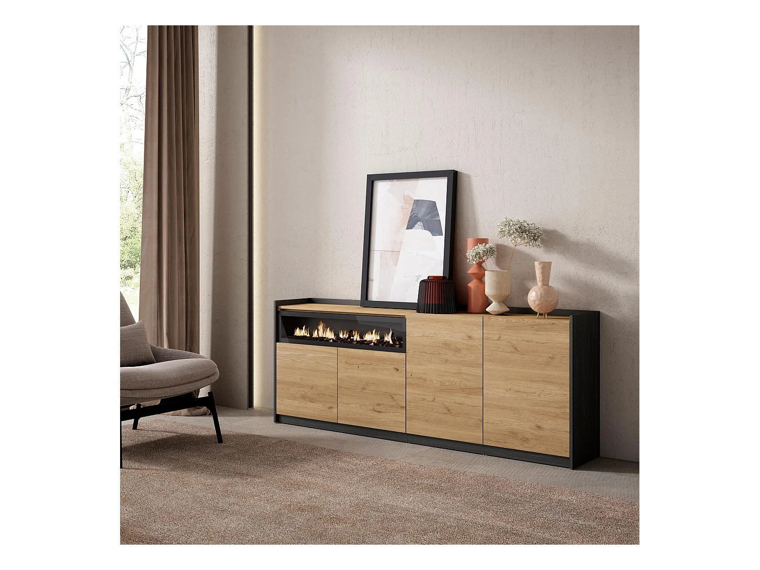 Credenza, Mobile, Cucina, 207x80x37 cm, 4 Porte, Camino elettrico, Rovere e nero