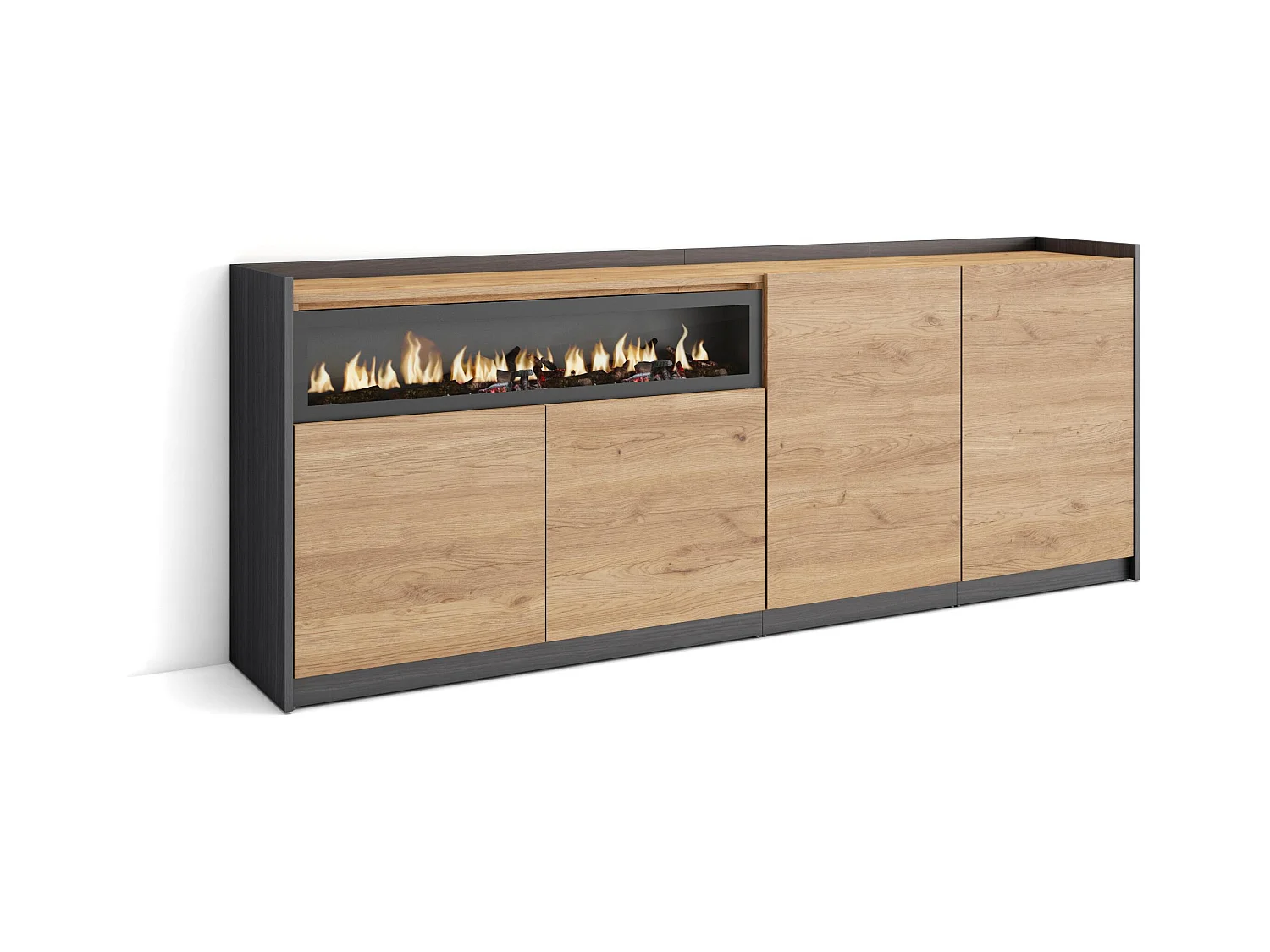 Credenza, Mobile, Cucina, 207x80x37 cm, 4 Porte, Camino elettrico, Rovere e nero
