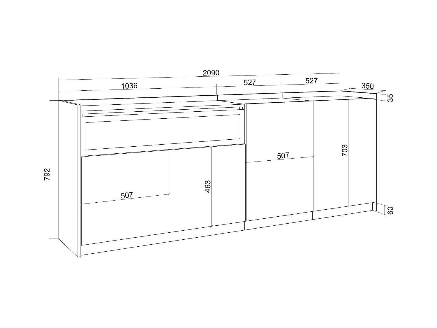 Credenza, Mobile, Cucina, 207x80x37 cm, 4 Porte, Camino elettrico, Rovere e nero