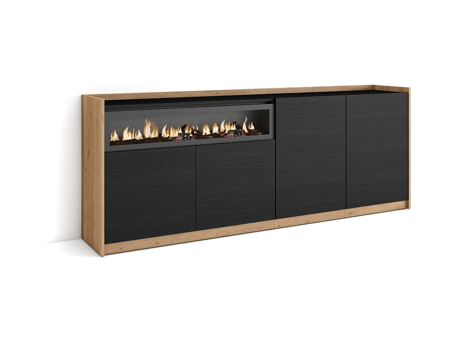 Dressoir, Opbergkast, 207x80x37 cm, 4 Deuren, Elektrische haard, Zwart/Eiken