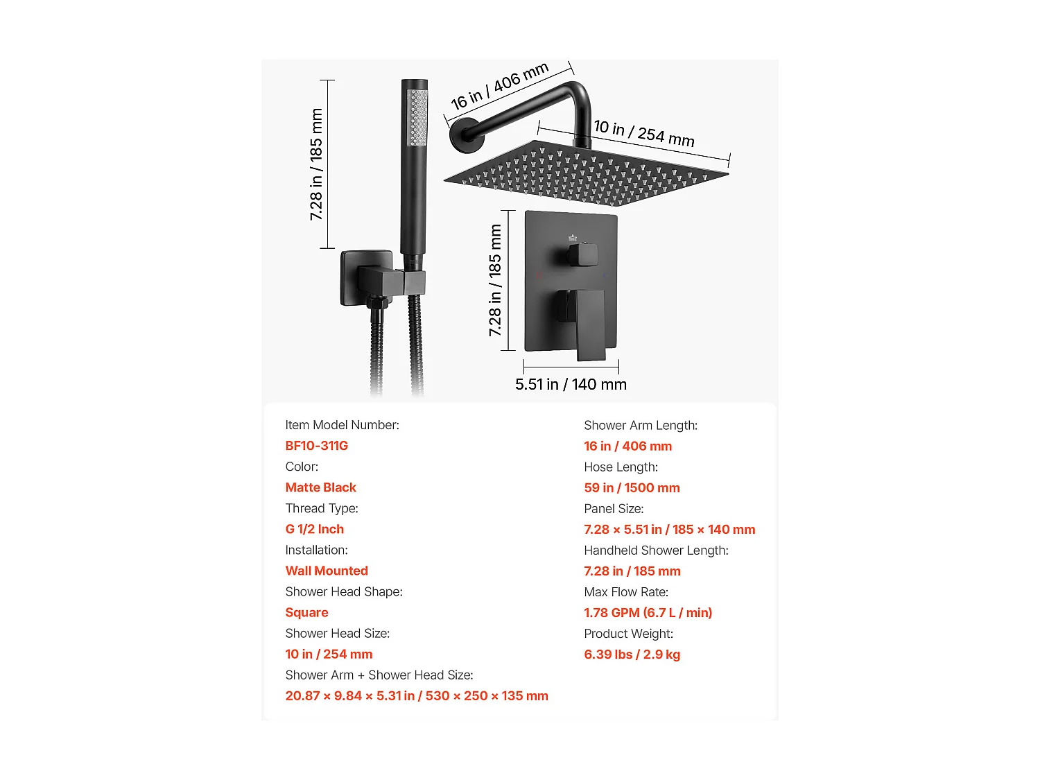 Colonne de Douche SucceBuy Ensemble de Douche avec Pommeau de Douche Carré Effet Pluie de 254 mm et Douchette à Main, Ensemble de Douche Mural avec Robinet