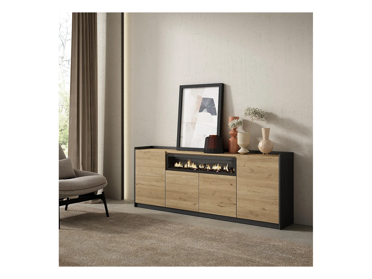 Aparadores para salón, 207x80x37 cm, 4 Puertas, Chimenea eléctrica, Roble y negro