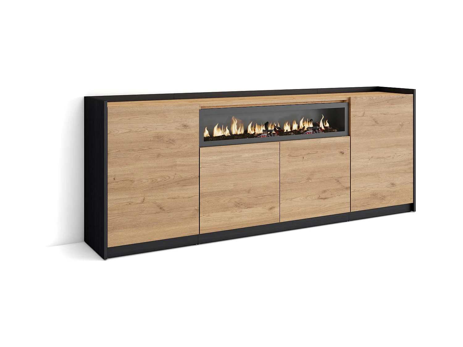 Aparadores para salón, 207x80x37 cm, 4 Puertas, Chimenea eléctrica, Roble y negro