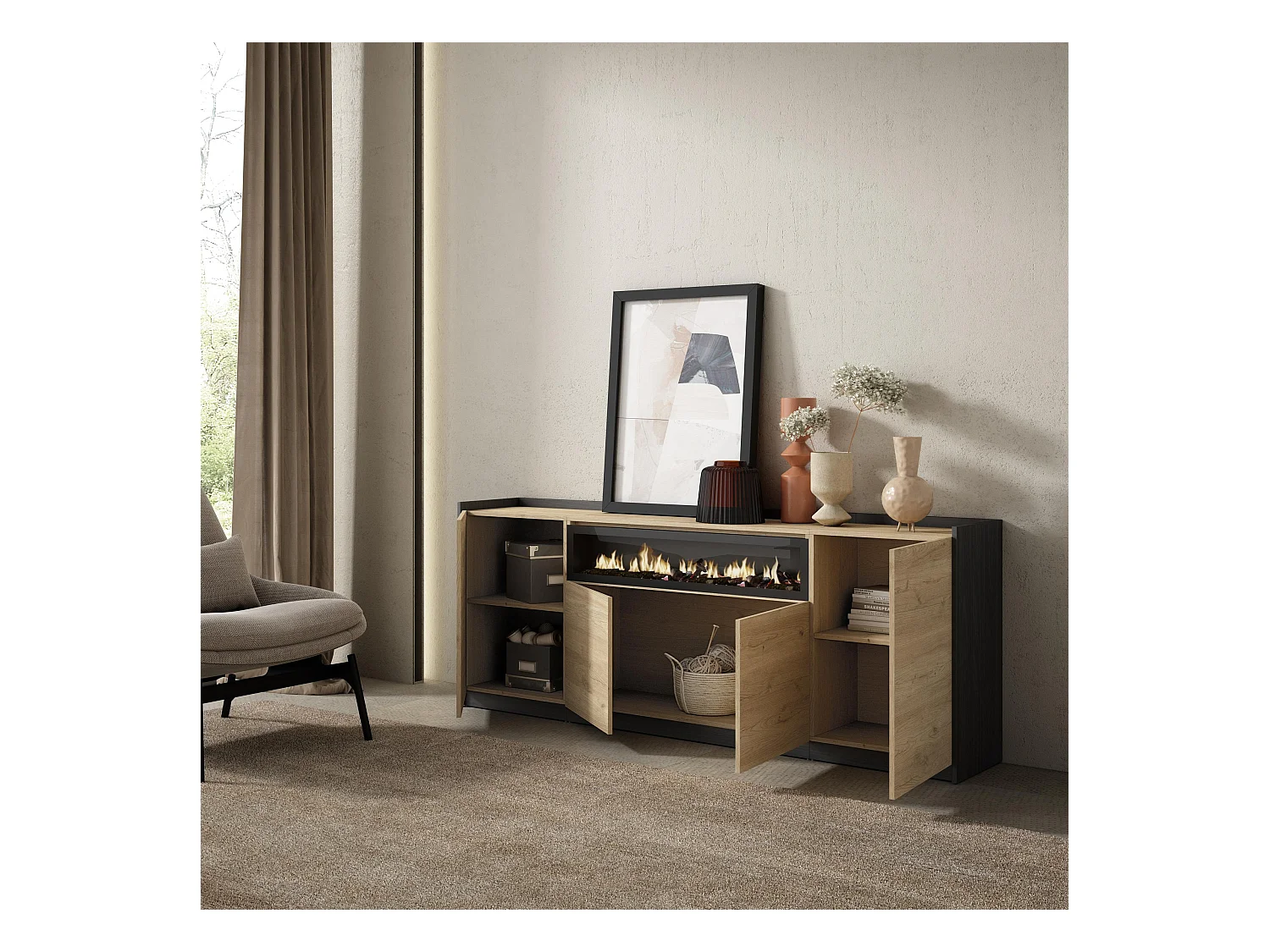 Aparadores para salón, 207x80x37 cm, 4 Puertas, Chimenea eléctrica, Roble y negro