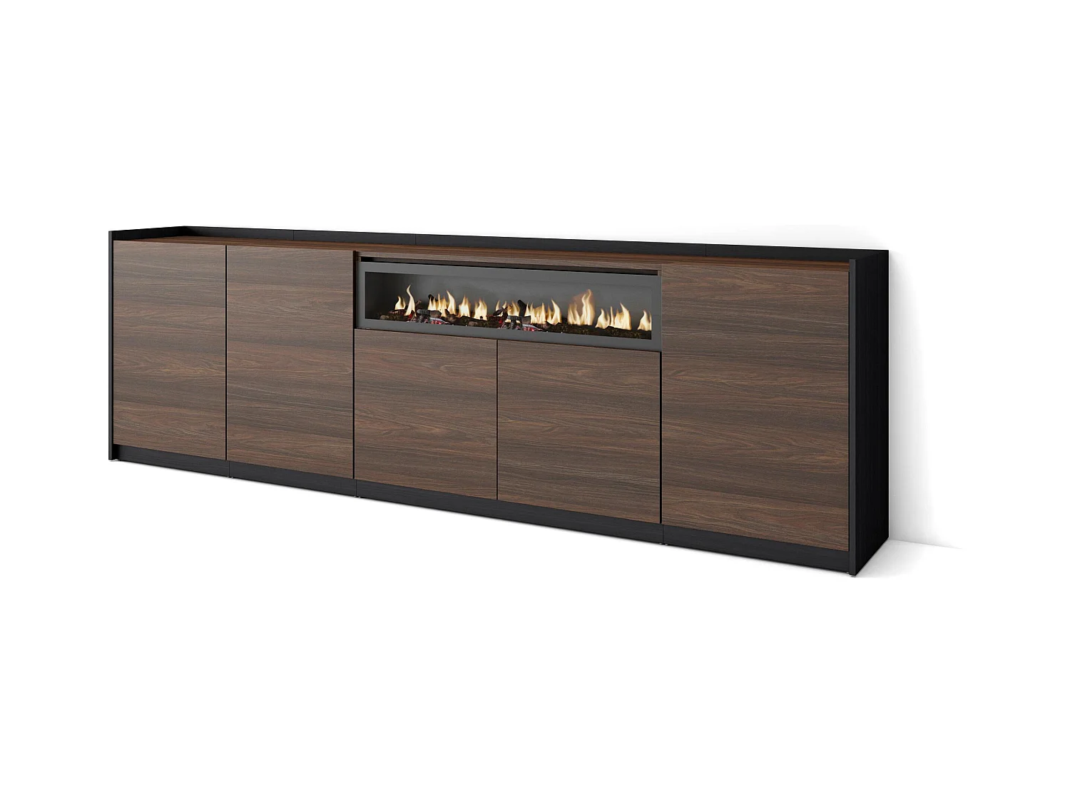 Credenza, Mobile, Cucina, 260x80x37 cm, 5 Porte, Camino elettrico, Rovere scuro e Nero