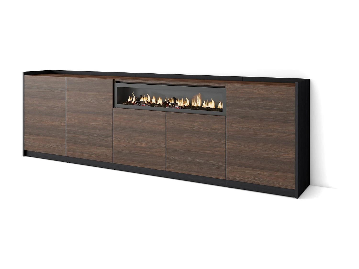 Dressoir, Opbergkast, 260x80x37 cm, 5 Deuren, Elektrische haard, Donkere eik en Zwart