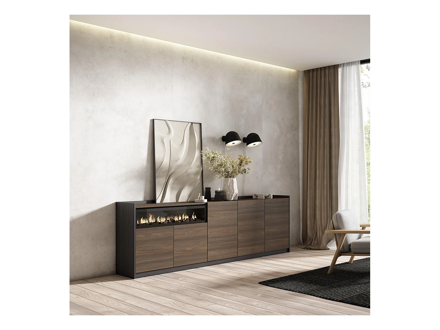 Buffet salon et cuisine, 260x80x37 cm, 5 Portes, Cheminée électrique, Chêne foncé et Noir