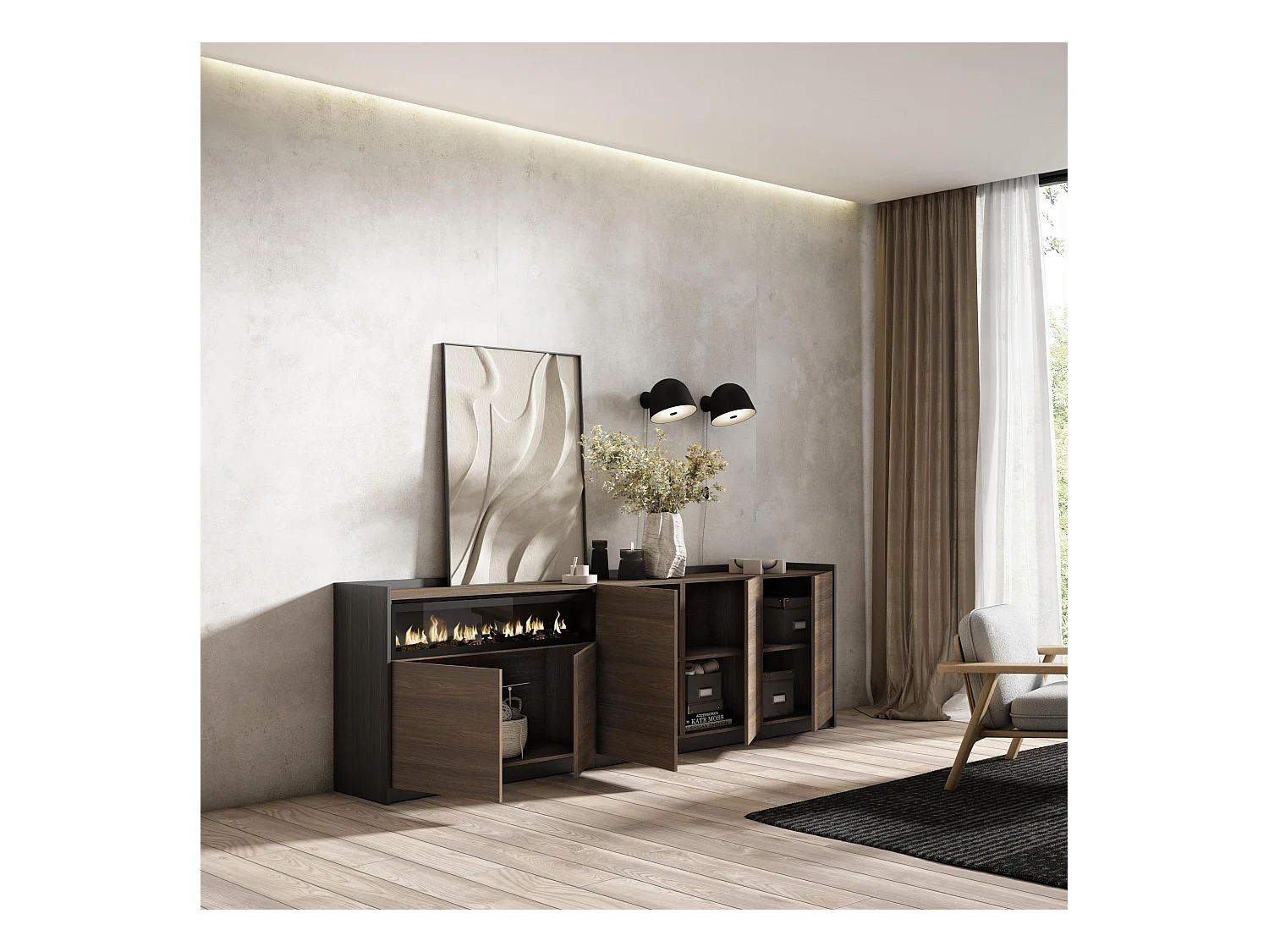 Buffet salon et cuisine, 260x80x37 cm, 5 Portes, Cheminée électrique, Chêne foncé et Noir