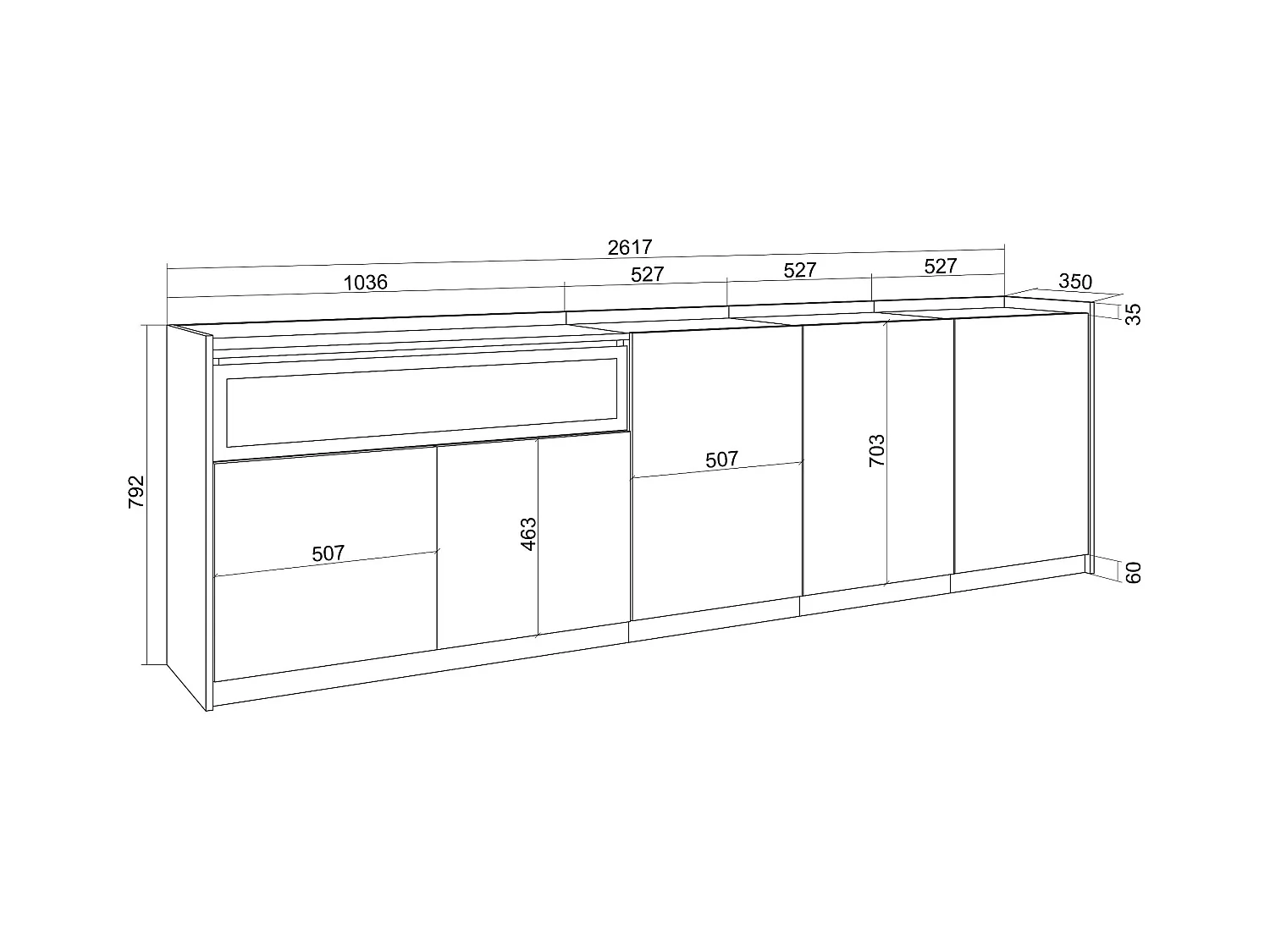 Buffet salon et cuisine, 260x80x37 cm, 5 Portes, Cheminée électrique, Chêne foncé et Noir