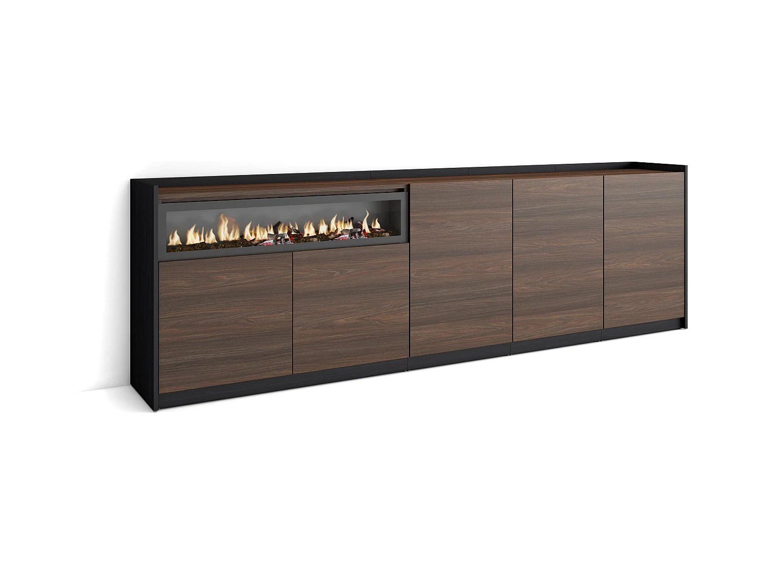 Sideboard, Highboard, 260x80x37 cm, 5 Türen, Elektrokamin., Dunkler Eiche und Schwarz