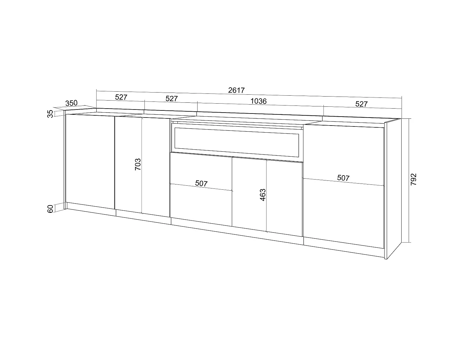 Buffet salon et cuisine, 260x80x37 cm, 5 Portes, Cheminée électrique, Noir et chêne