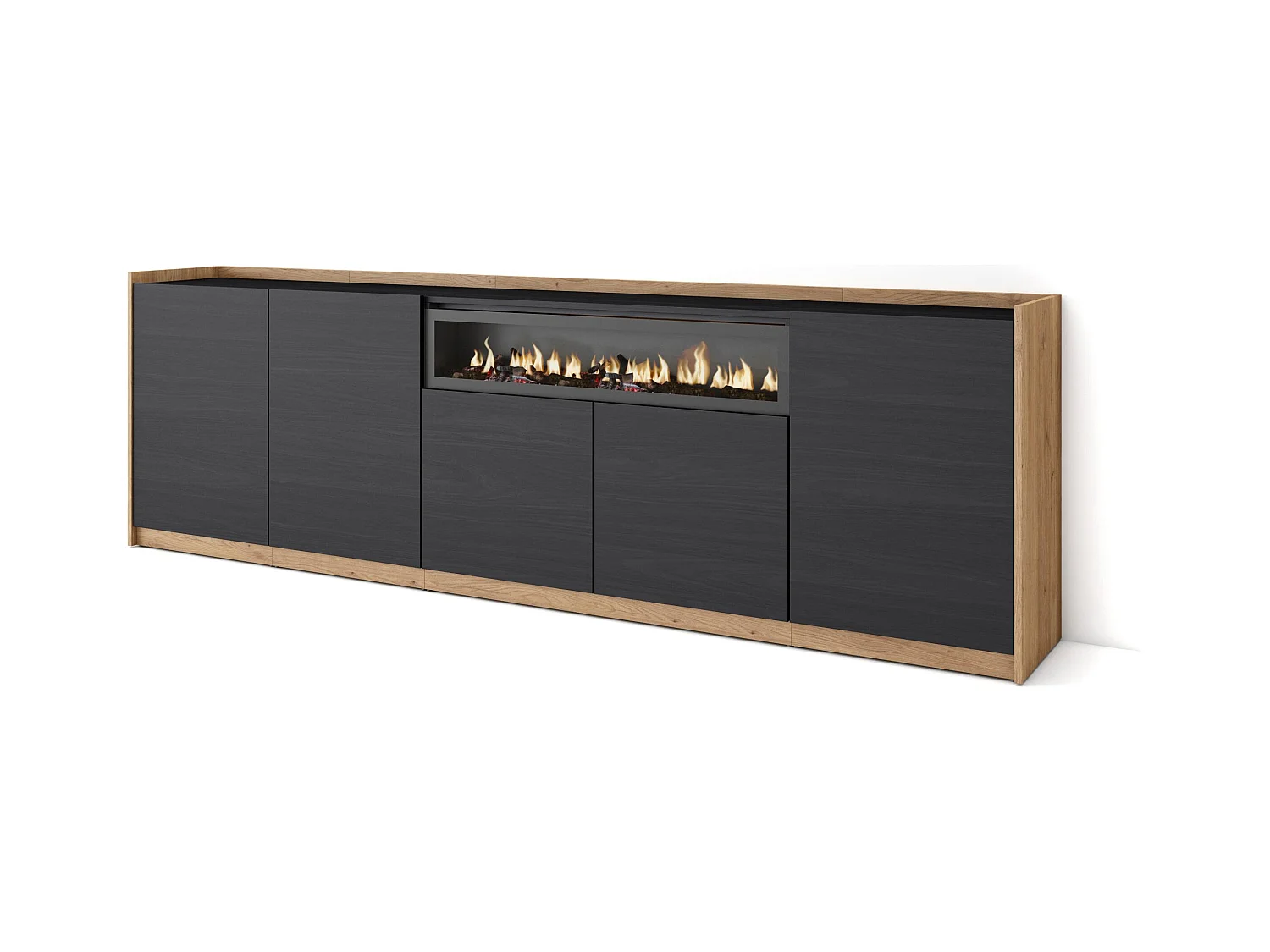 Dressoir, Opbergkast, 260x80x37 cm, 5 Deuren, Elektrische haard, Zwart/Eiken