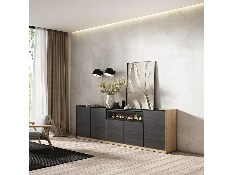 Aparador sala de jantar, 260x80x37 cm, 5 Portas, Lareira eléctrica, Preto e Carvalho
