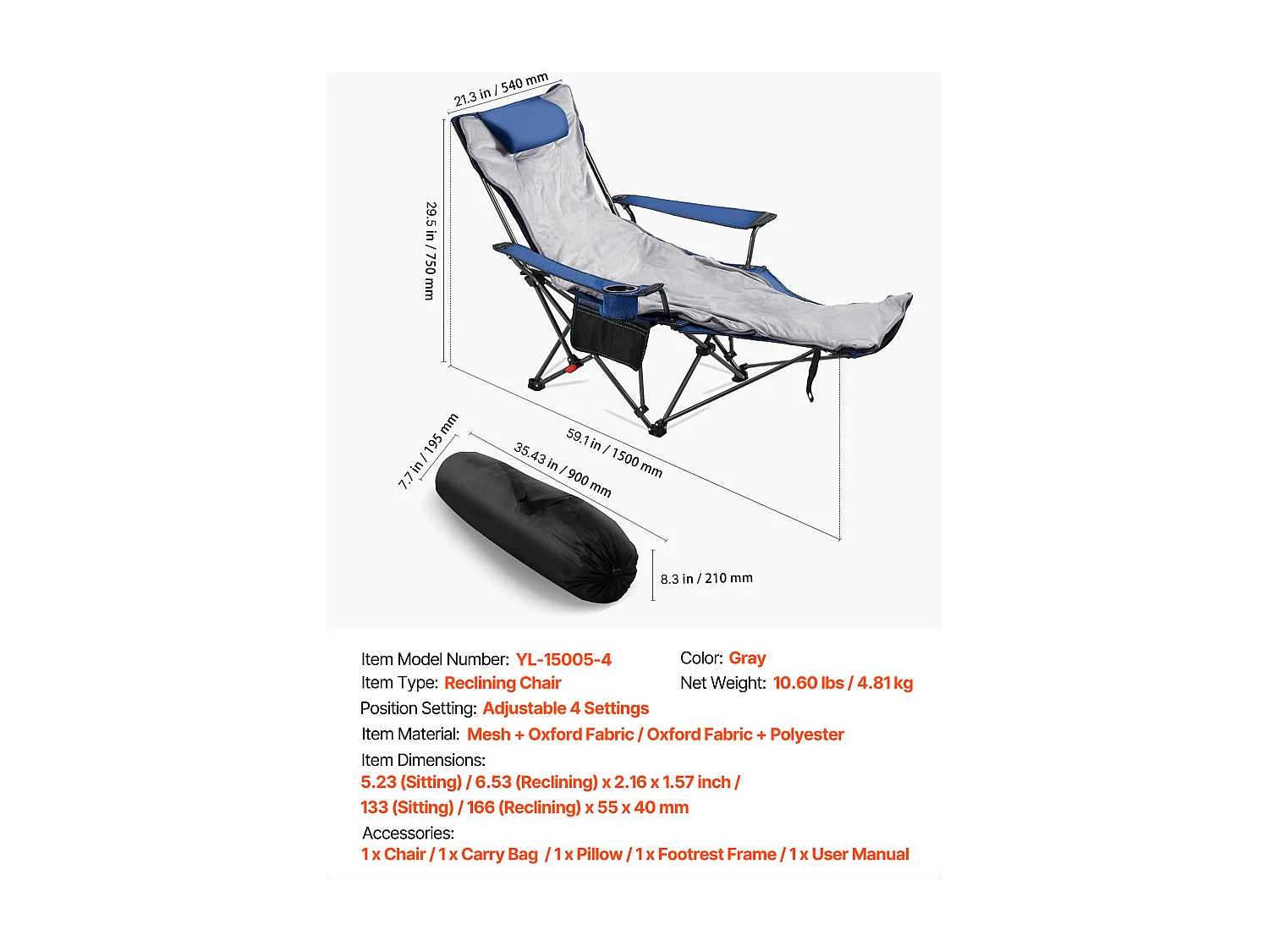Chaise de Camping SucceBuy Pliante, 4 Positions Réglables, Chaise Longue Inclinable Portable pour Adultes, avec Repose-Pieds, Coussin Moelleux, Charge 100 kg