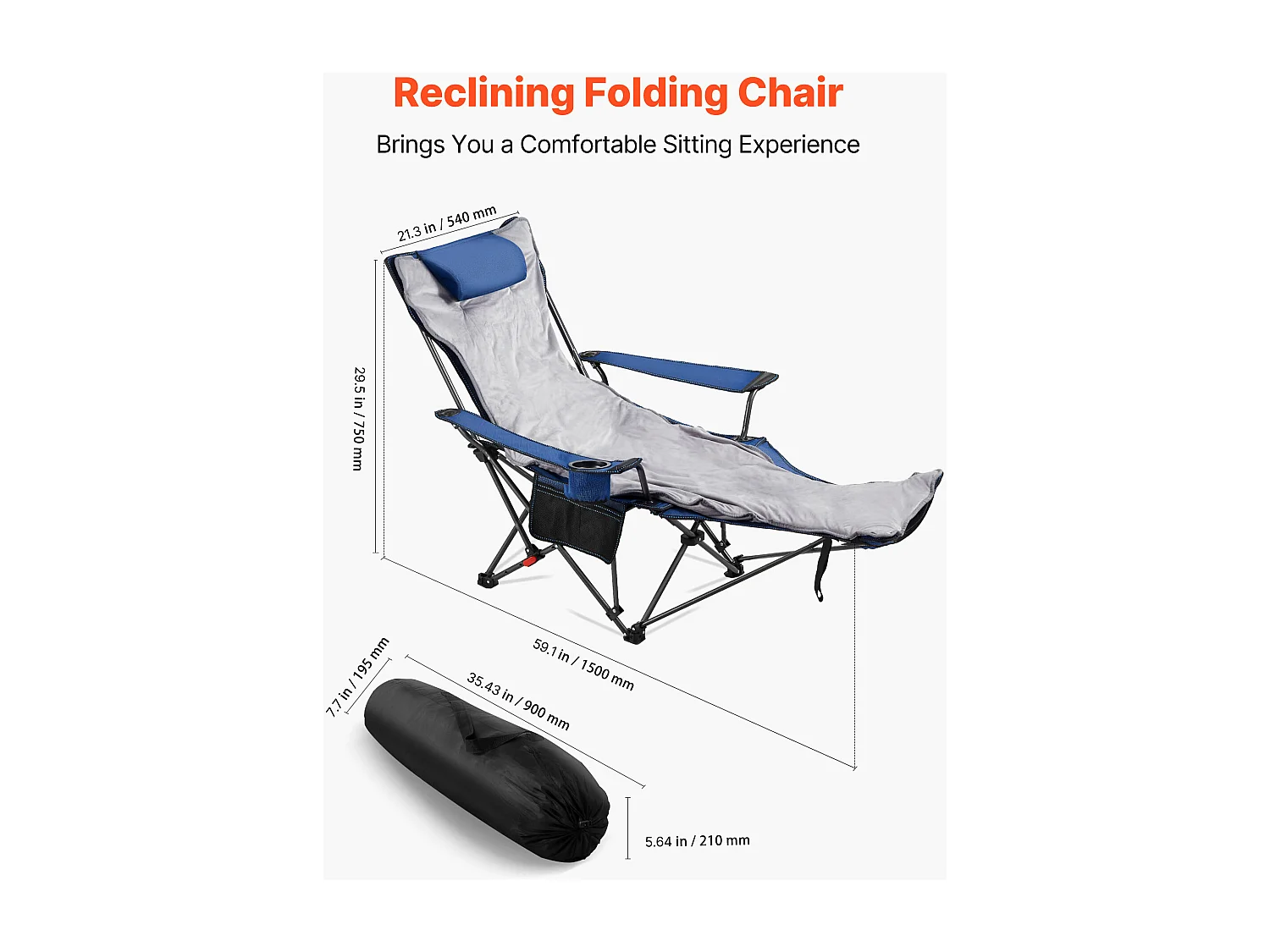 Chaise de Camping SucceBuy Pliante, 4 Positions Réglables, Chaise Longue Inclinable Portable pour Adultes, avec Repose-Pieds, Coussin Moelleux, Charge 100 kg