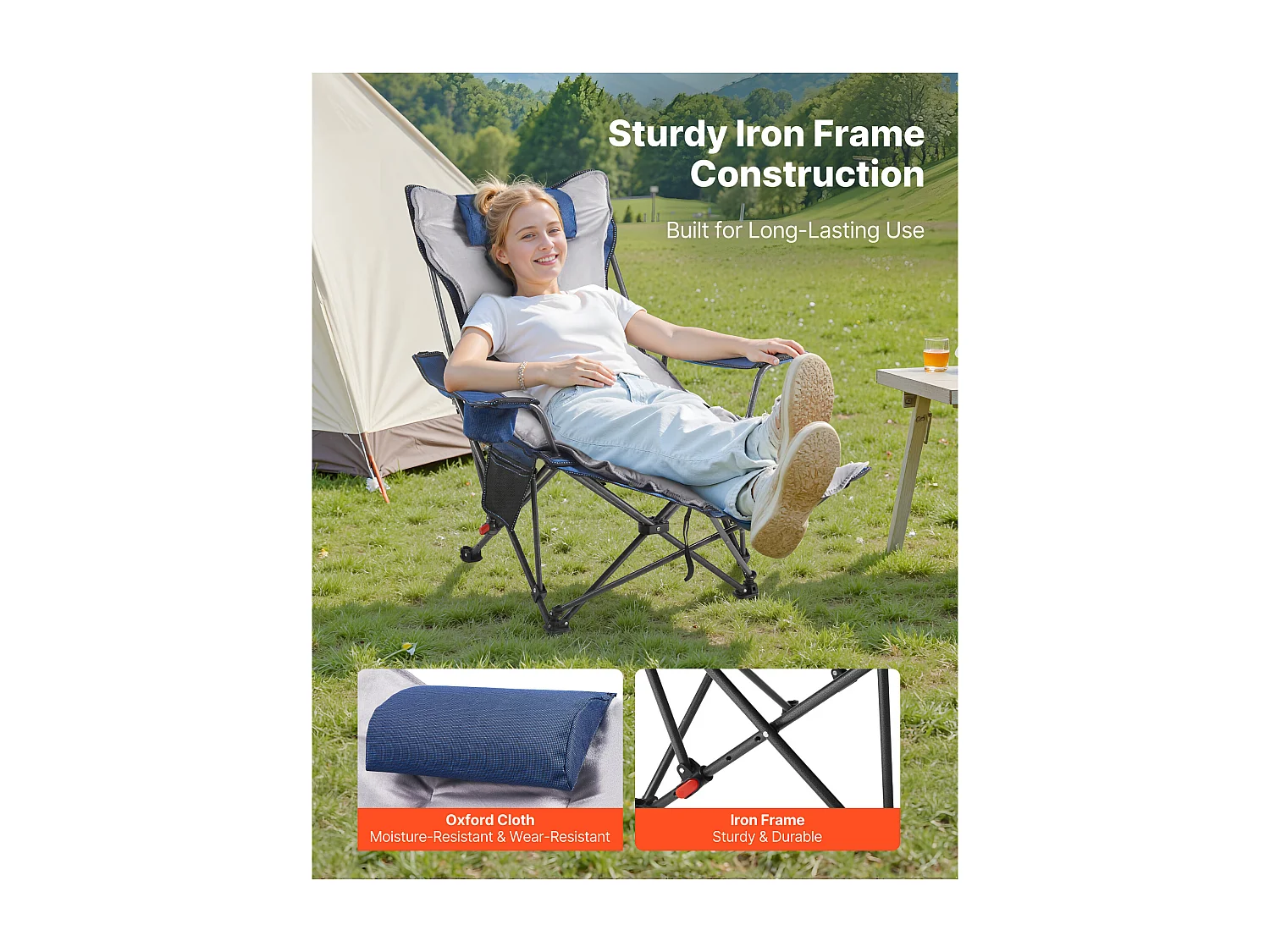 Chaise de Camping SucceBuy Pliante, 4 Positions Réglables, Chaise Longue Inclinable Portable pour Adultes, avec Repose-Pieds, Coussin Moelleux, Charge 100 kg