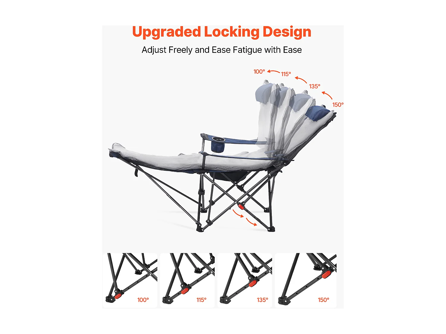 Chaise de Camping SucceBuy Pliante, 4 Positions Réglables, Chaise Longue Inclinable Portable pour Adultes, avec Repose-Pieds, Coussin Moelleux, Charge 100 kg