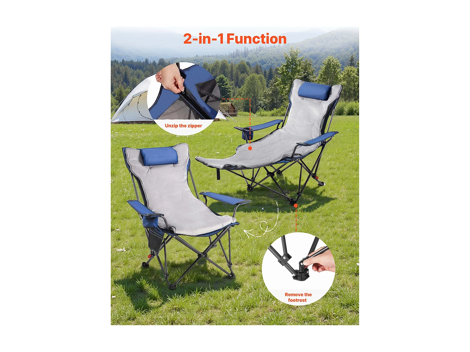 Chaise de Camping SucceBuy Pliante, 4 Positions Réglables, Chaise Longue Inclinable Portable pour Adultes, avec Repose-Pieds, Coussin Moelleux, Charge 100 kg