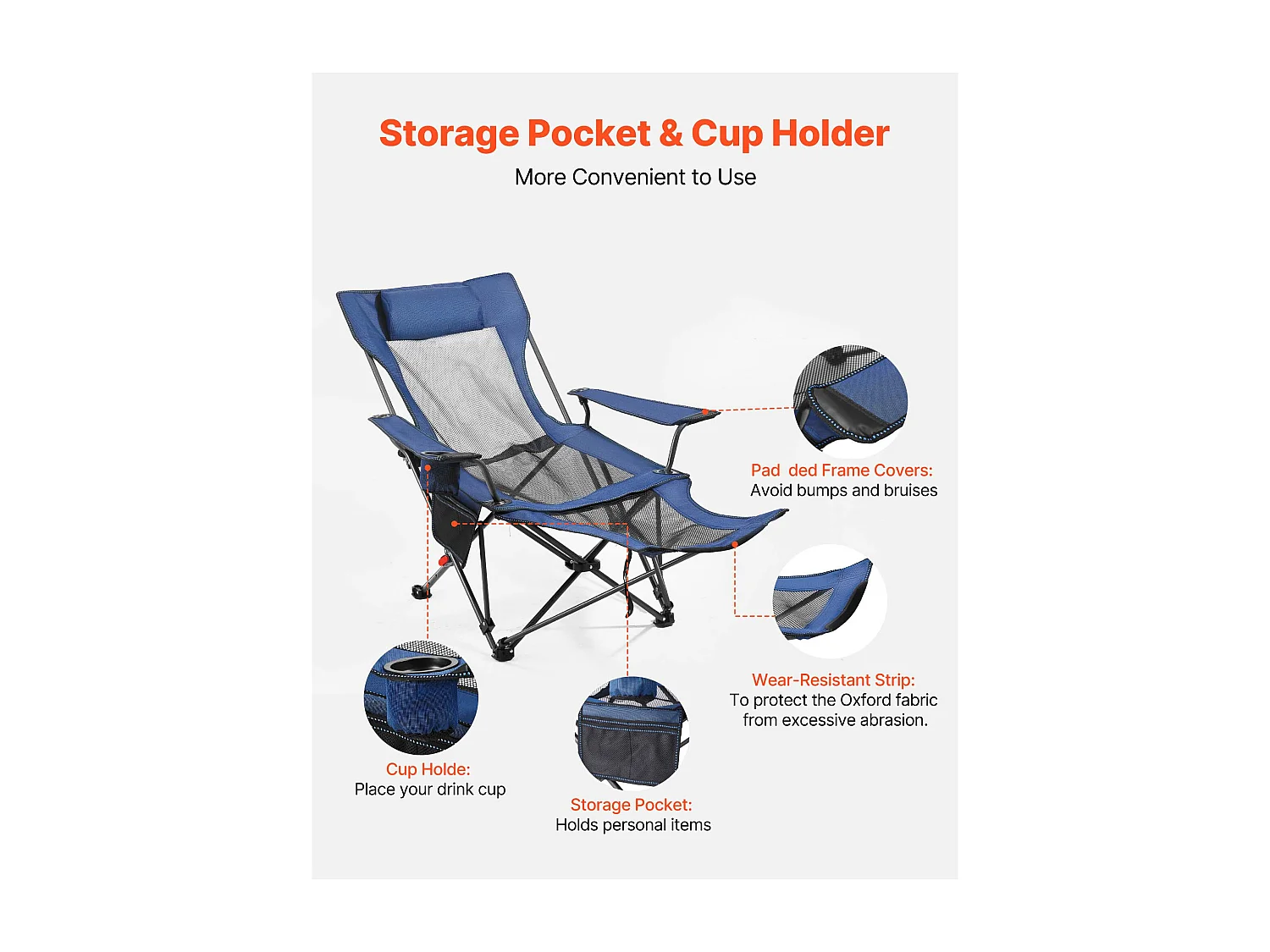 Chaise de Camping SucceBuy Pliante, 4 Positions Réglables, Chaise Longue Inclinable Portable pour Adultes, avec Repose-Pieds, Coussin Moelleux, Charge 100 kg