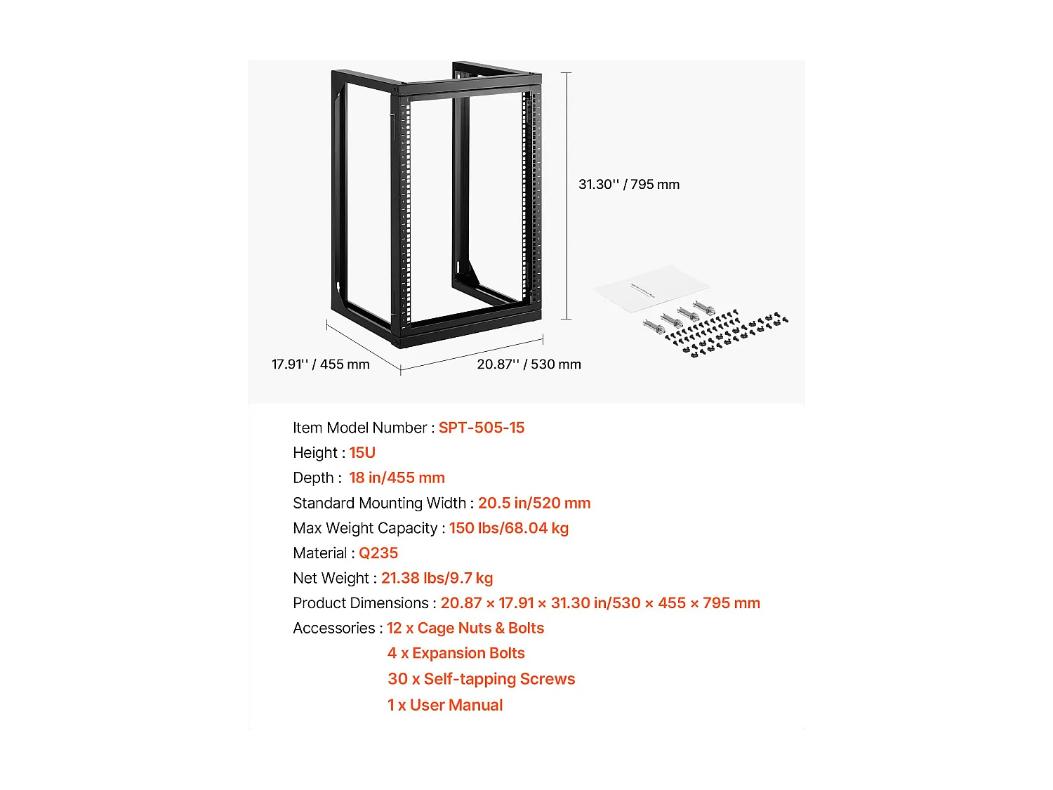 Rack de Serveur SucceBuy Mural 15U, Support de Réseau à Cadre Ouvert, Profondeur 45.5 cm, Capacité de Charge 68 kg, avec Ouverture 180°, pour Serveur