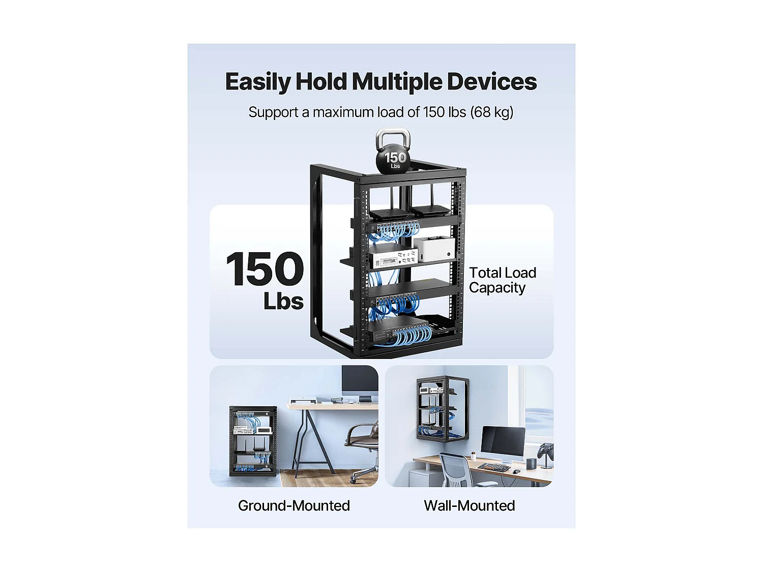 Rack de Serveur SucceBuy Mural 15U, Support de Réseau à Cadre Ouvert, Profondeur 45.5 cm, Capacité de Charge 68 kg, avec Ouverture 180°, pour Serveur