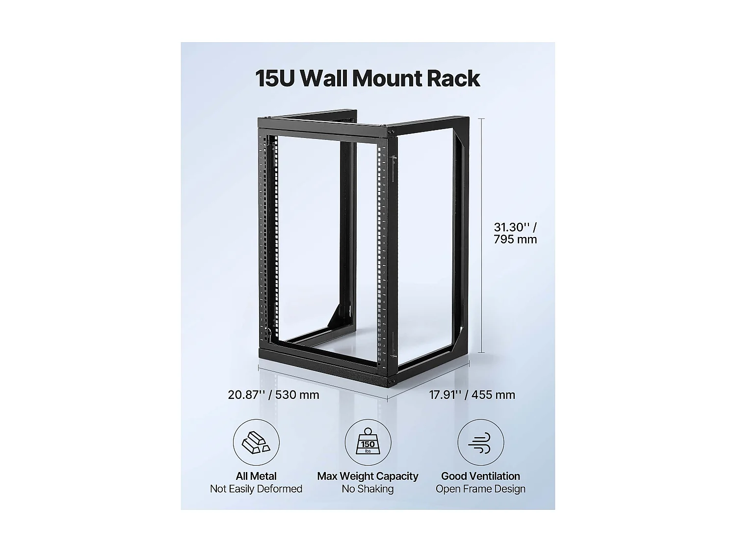 Rack de Serveur SucceBuy Mural 15U, Support de Réseau à Cadre Ouvert, Profondeur 45.5 cm, Capacité de Charge 68 kg, avec Ouverture 180°, pour Serveur