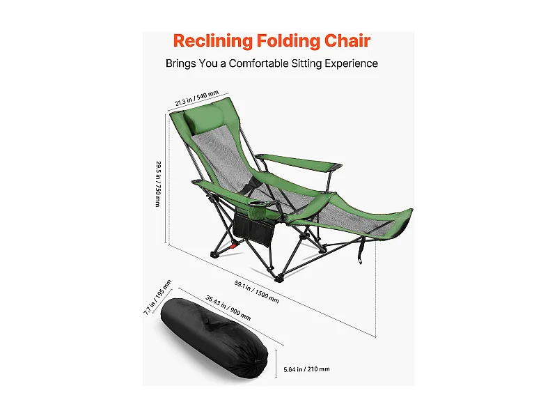 Silla de Camping SucceBuy Plegable, 4 Posiciones Ajustables, Tumbona Inclinable Portátil para Adultos, con Reposapiés, Reposacabezas, Tela de Malla, Verde