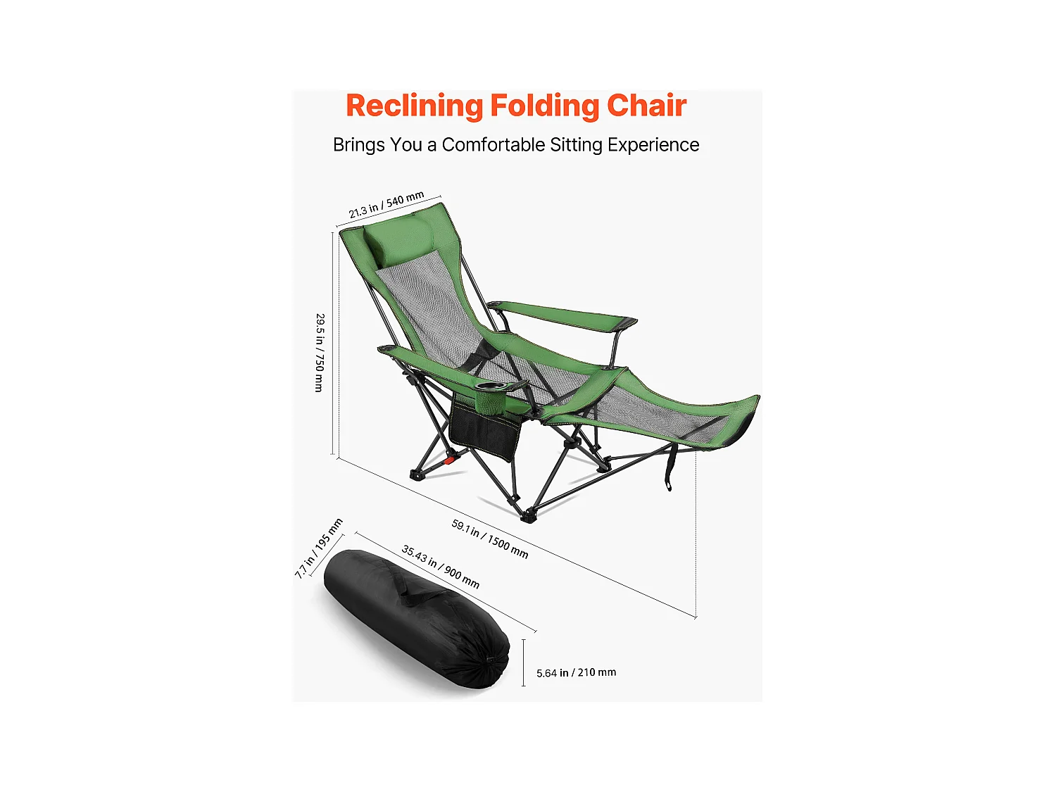 Chaise de Camping SucceBuy Pliante, 4 Positions Réglables, Chaise Longue Inclinable Portable pour Adultes, avec Repose-Pieds, Appui-Tête, Tissu Maille, Vert