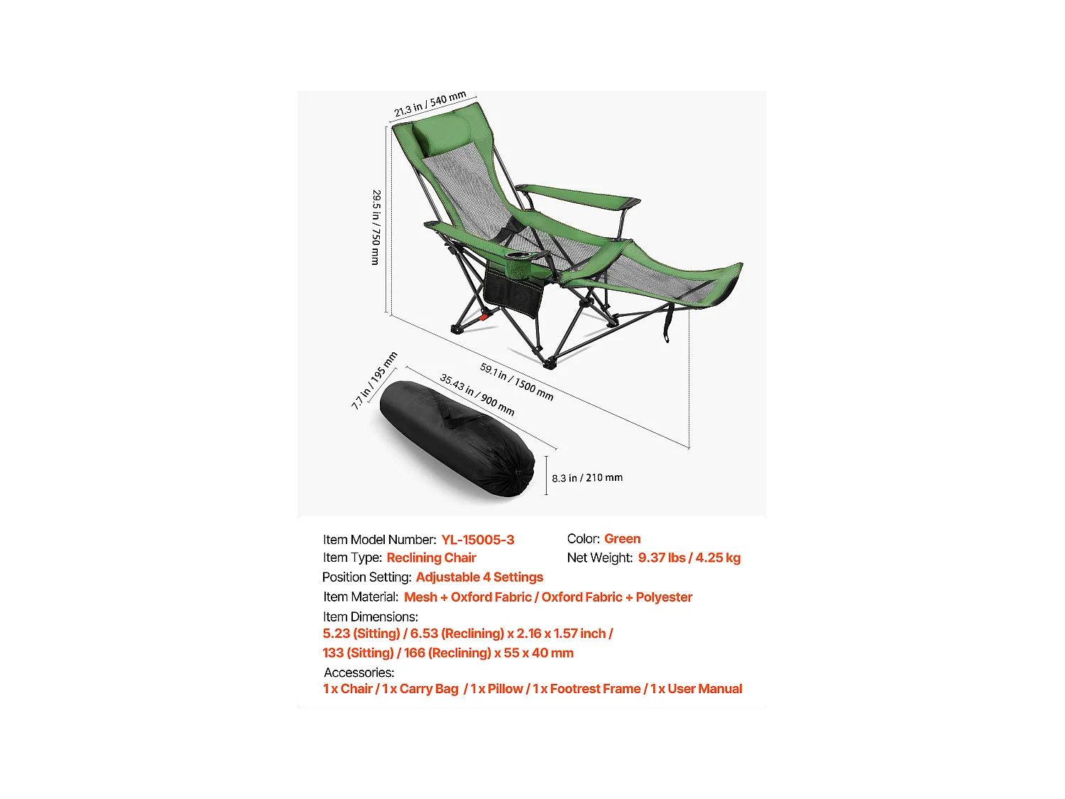 Chaise de Camping SucceBuy Pliante, 4 Positions Réglables, Chaise Longue Inclinable Portable pour Adultes, avec Repose-Pieds, Appui-Tête, Tissu Maille, Vert