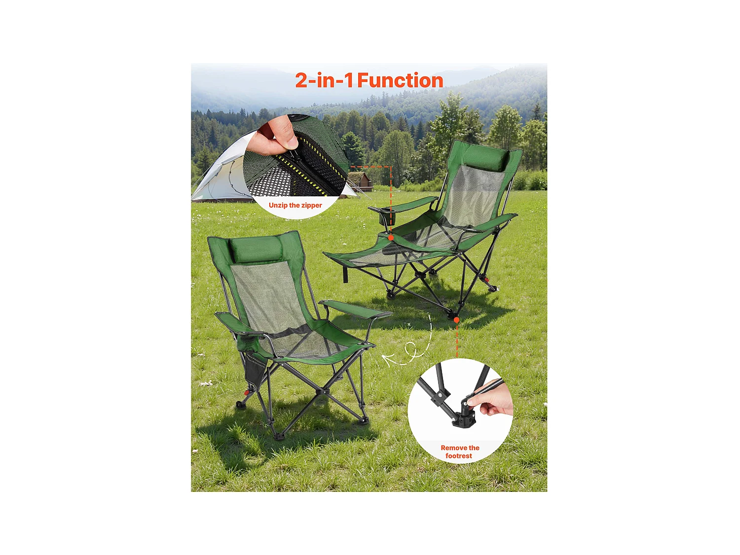 Chaise de Camping SucceBuy Pliante, 4 Positions Réglables, Chaise Longue Inclinable Portable pour Adultes, avec Repose-Pieds, Appui-Tête, Tissu Maille, Vert