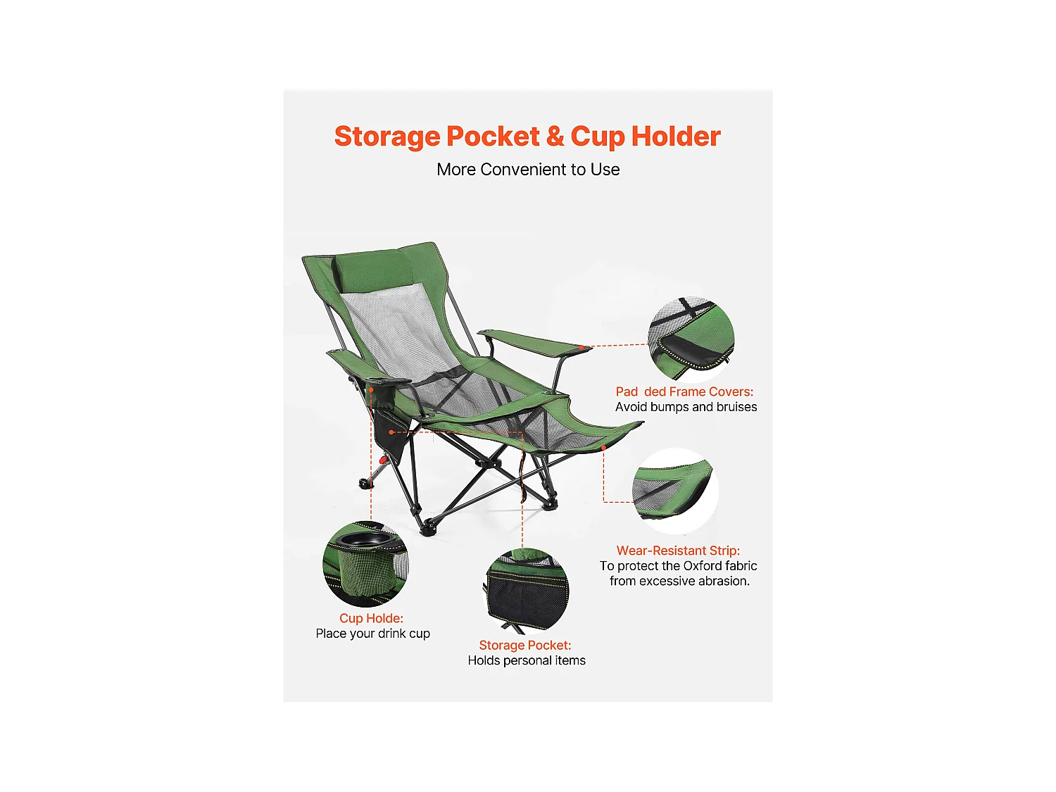 Chaise de Camping SucceBuy Pliante, 4 Positions Réglables, Chaise Longue Inclinable Portable pour Adultes, avec Repose-Pieds, Appui-Tête, Tissu Maille, Vert