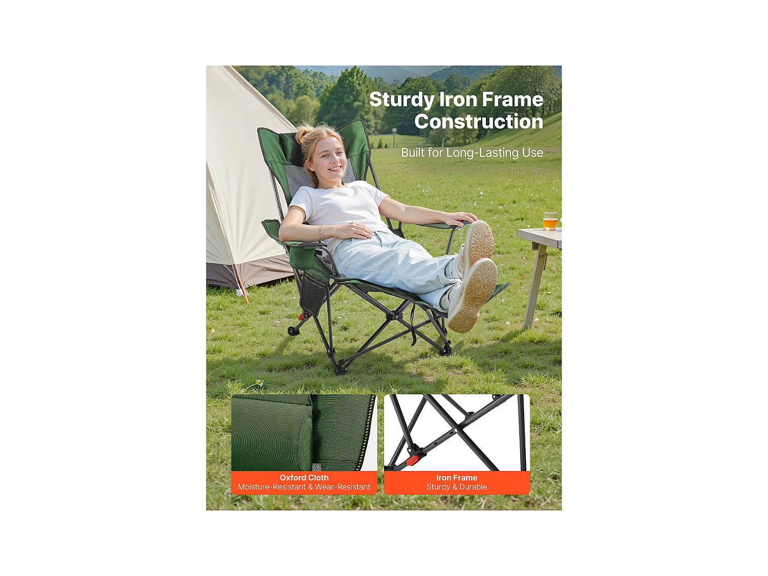 Campingstuhl SucceBuy Klappbar, 4 Verstellbare Positionen, Tragbare Verstellbare Liege für Erwachsene, mit Fußstütze, Kopfstütze, Mesh-Stoff, Grün