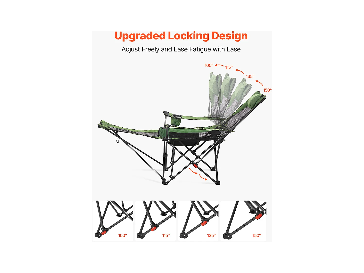Campingstuhl SucceBuy Klappbar, 4 Verstellbare Positionen, Tragbare Verstellbare Liege für Erwachsene, mit Fußstütze, Kopfstütze, Mesh-Stoff, Grün