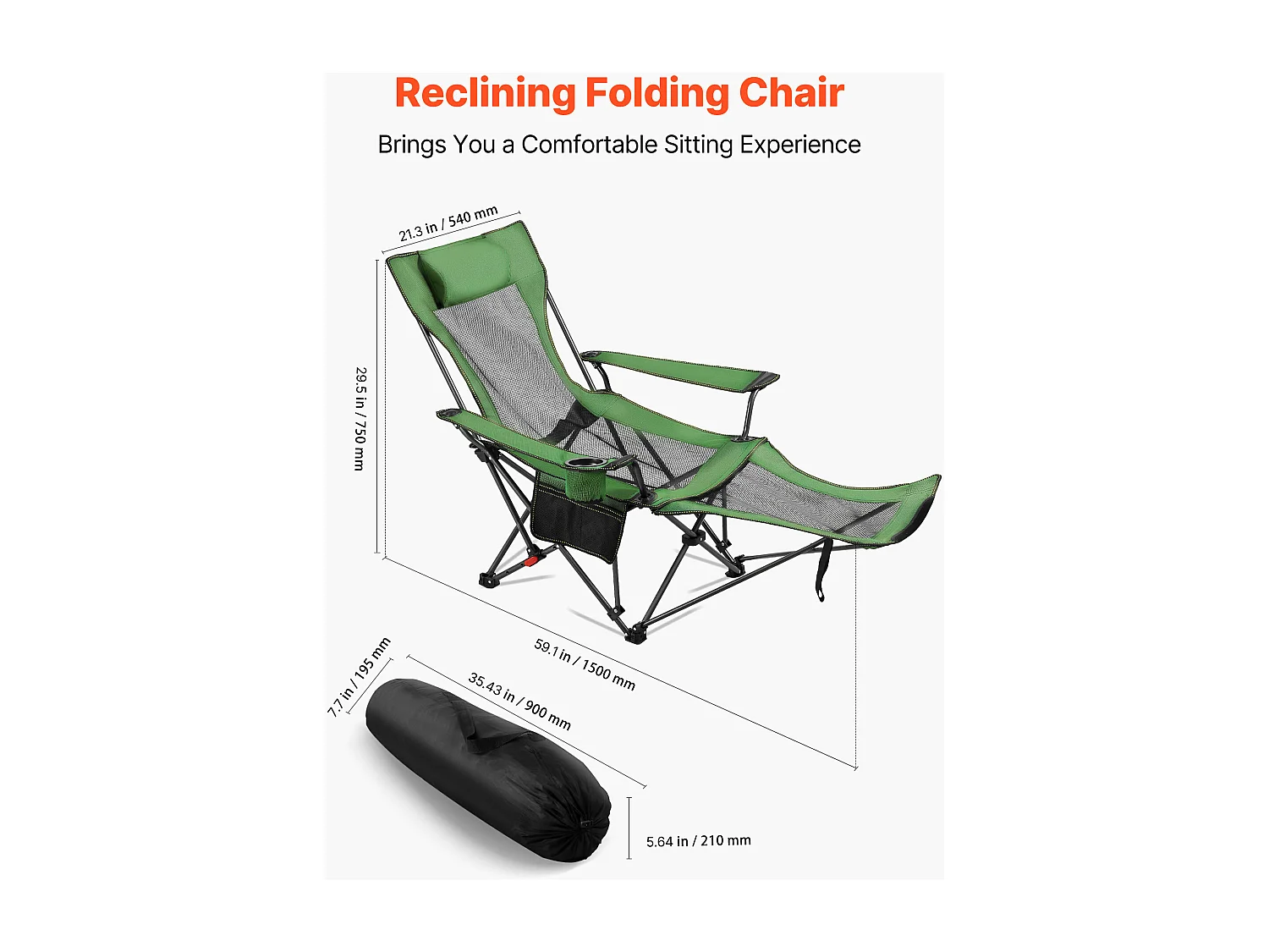 Chaise de Camping SucceBuy Pliante, 4 Positions Réglables, Chaise Longue Inclinable Portable pour Adultes, avec Repose-Pieds, Appui-Tête, Tissu Maille, Vert