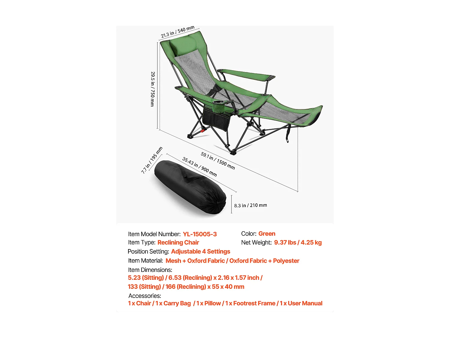 Chaise de Camping SucceBuy Pliante, 4 Positions Réglables, Chaise Longue Inclinable Portable pour Adultes, avec Repose-Pieds, Appui-Tête, Tissu Maille, Vert
