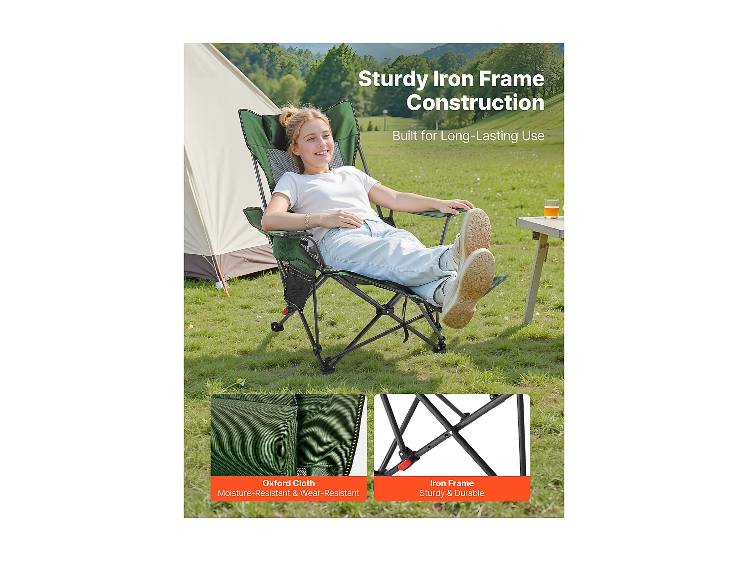 Chaise de Camping SucceBuy Pliante, 4 Positions Réglables, Chaise Longue Inclinable Portable pour Adultes, avec Repose-Pieds, Appui-Tête, Tissu Maille, Vert