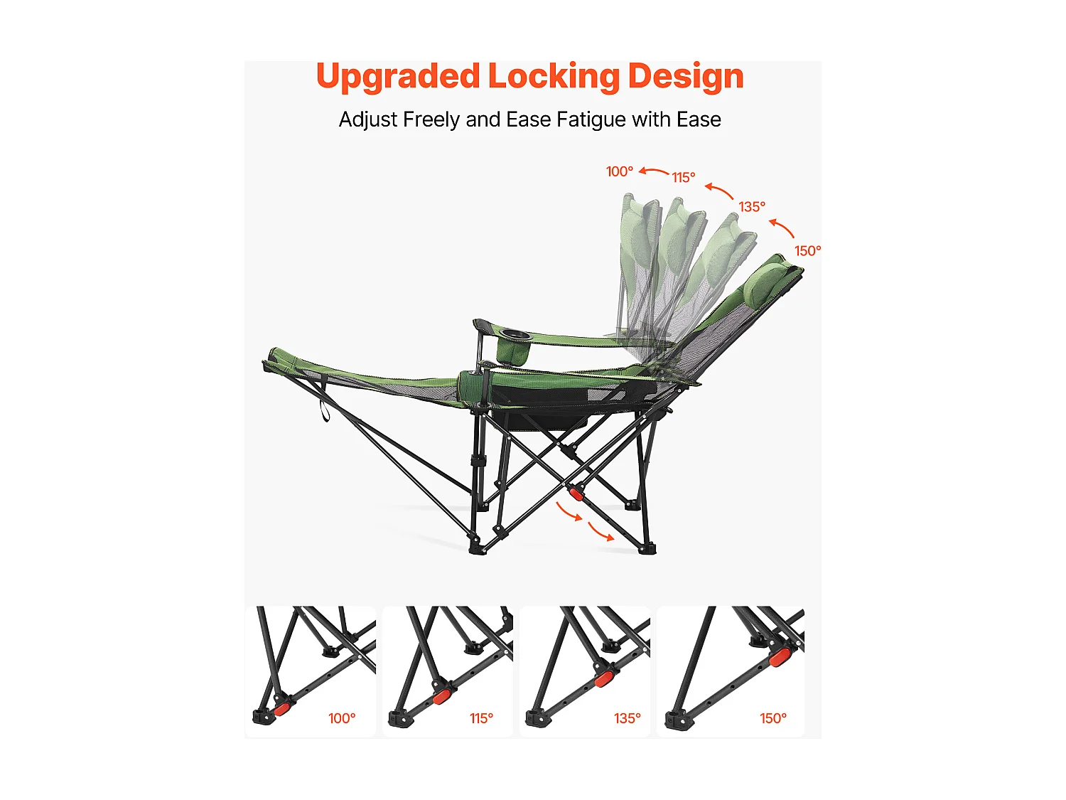 Chaise de Camping SucceBuy Pliante, 4 Positions Réglables, Chaise Longue Inclinable Portable pour Adultes, avec Repose-Pieds, Appui-Tête, Tissu Maille, Vert