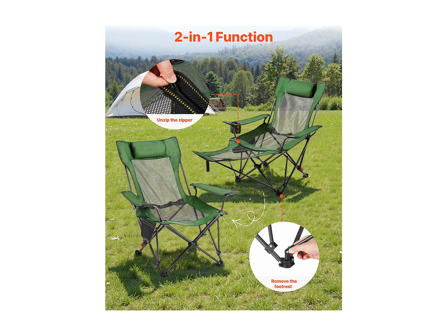Chaise de Camping SucceBuy Pliante, 4 Positions Réglables, Chaise Longue Inclinable Portable pour Adultes, avec Repose-Pieds, Appui-Tête, Tissu Maille, Vert