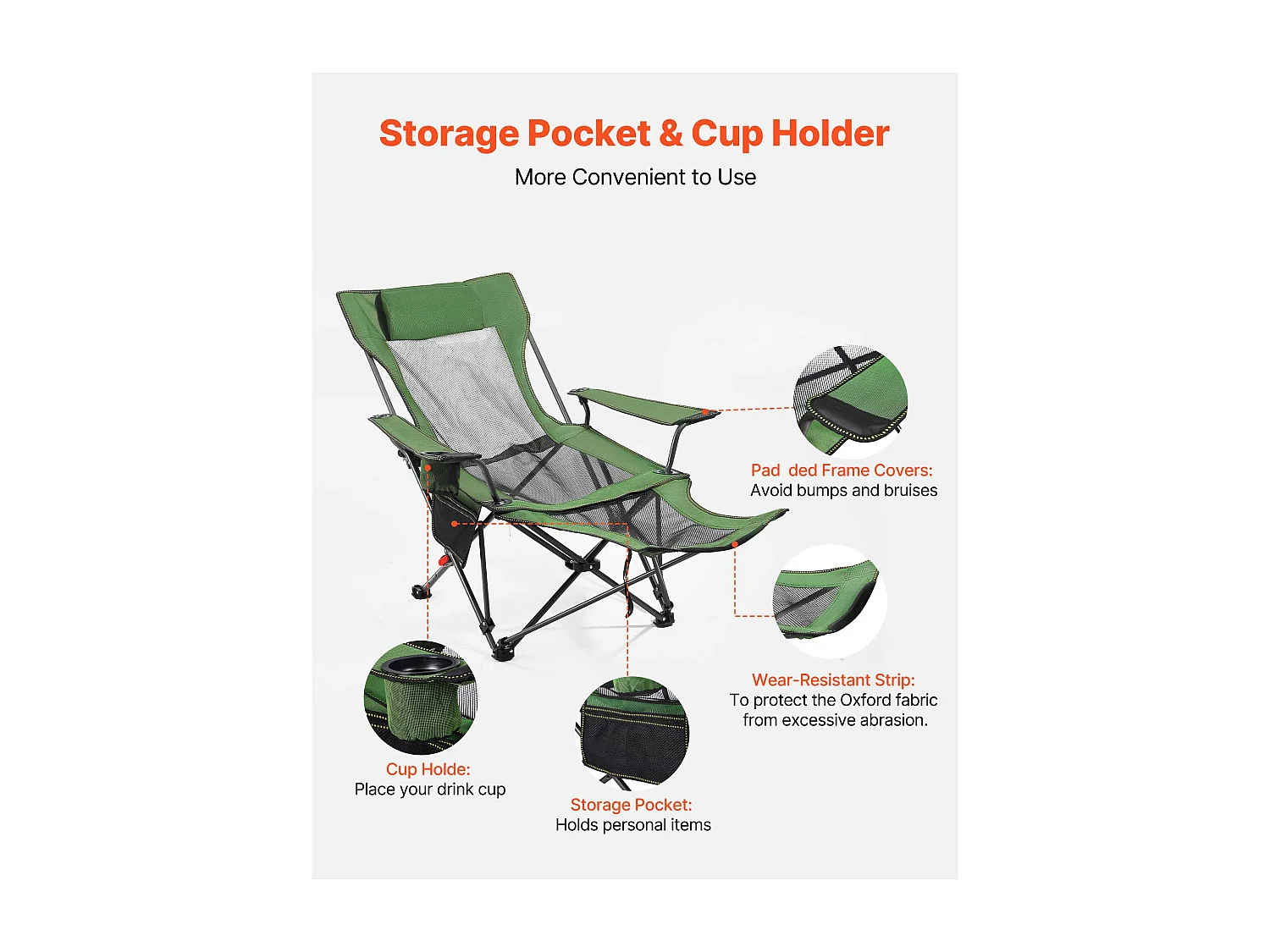 Chaise de Camping SucceBuy Pliante, 4 Positions Réglables, Chaise Longue Inclinable Portable pour Adultes, avec Repose-Pieds, Appui-Tête, Tissu Maille, Vert