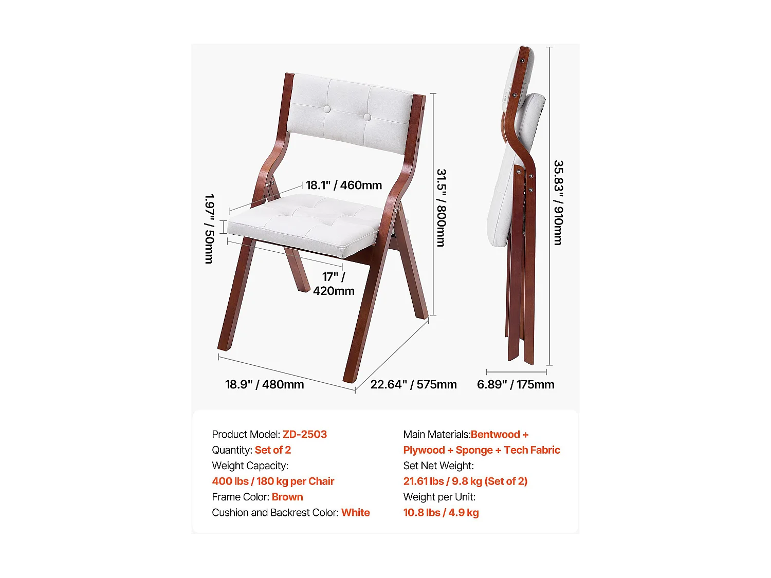 Sedia Pieghevole SucceBuy in Legno con Cuscino, Lotto di 2, Sedia da Pranzo Portatile Imbottita Moderna con Cuscino Seduta Pieghevole, Bianco