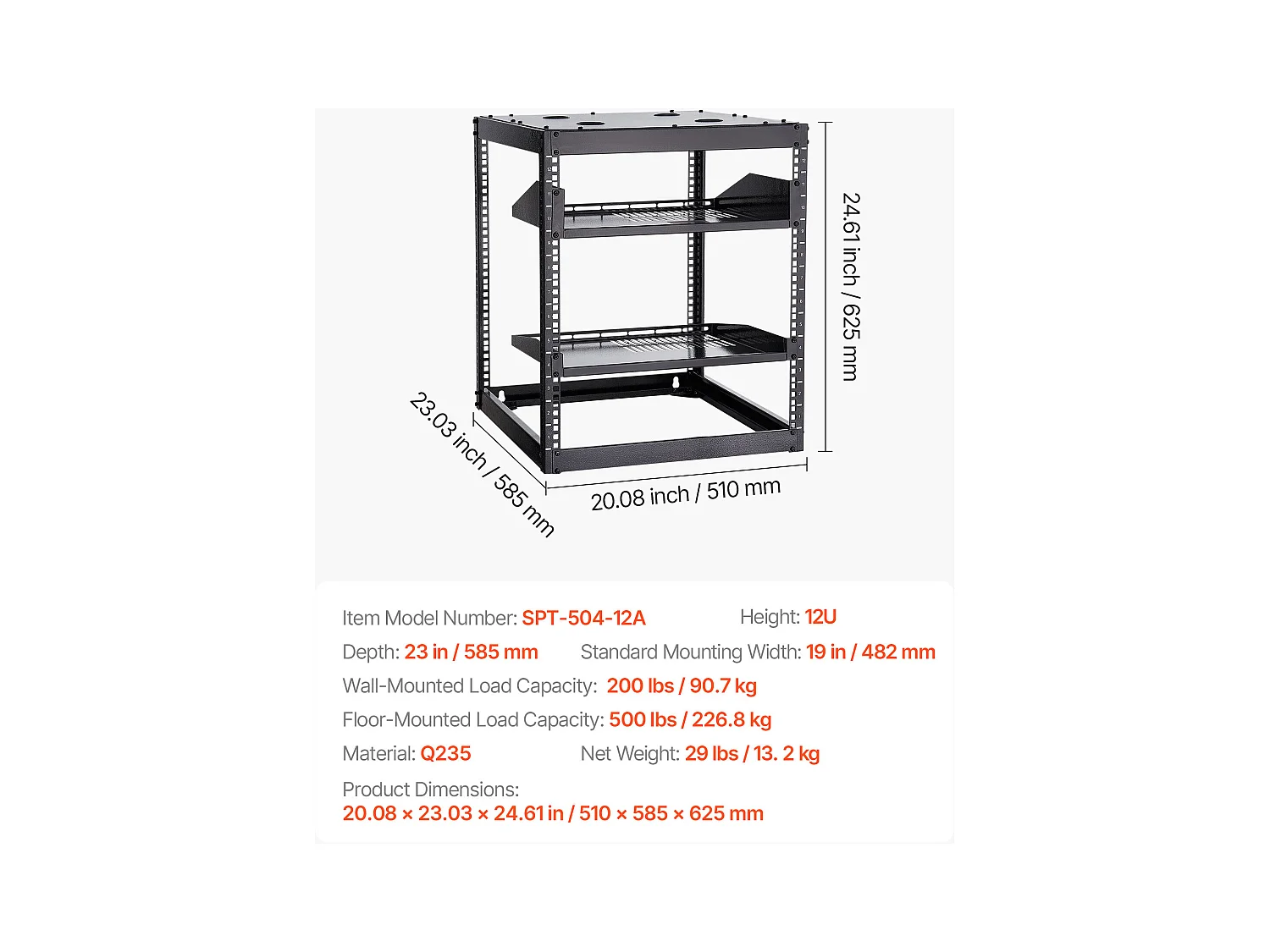 Rack für Server SucceBuy zu Offenem Rahmen 12U Support für Netzwerk Selbsttragend oder Wand, Tiefe 58.5 cm, mit Belüfteten Regalen, Montagematerial
