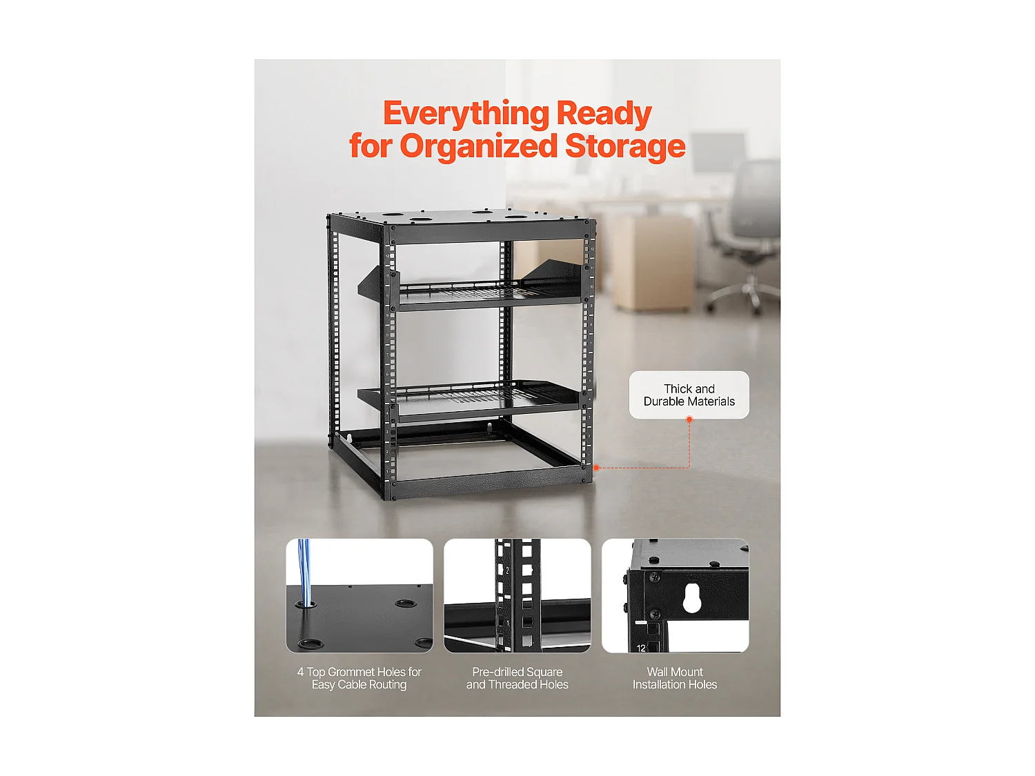 Rack für Server SucceBuy zu Offenem Rahmen 12U Support für Netzwerk Selbsttragend oder Wand, Tiefe 58.5 cm, mit Belüfteten Regalen, Montagematerial