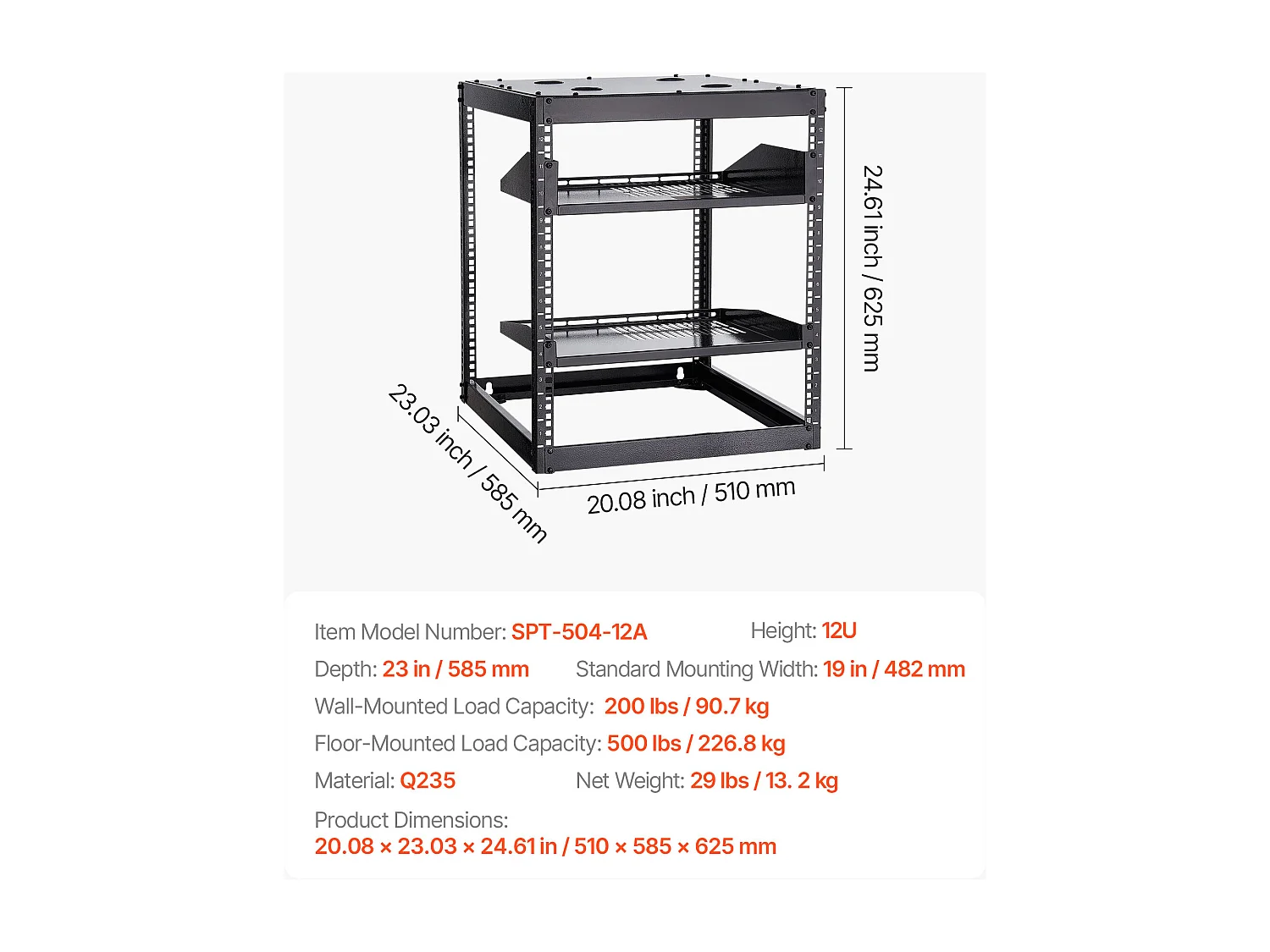 Rack de Serveur SucceBuy à Cadre Ouvert 12U Support de Réseau Autoportant ou Mural, Profondeur 58.5 cm, avec Étagères Ventilées, Matériel de Montage