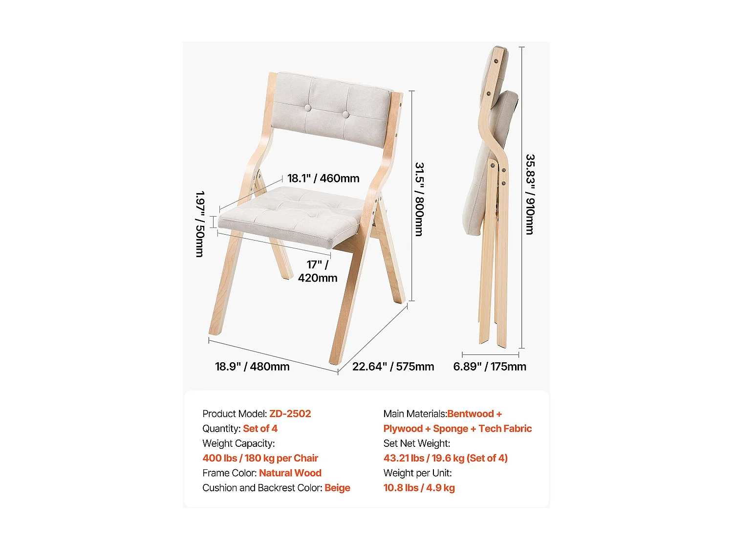 Chaise Pliante SucceBuy en Bois avec Coussin, Lot de 4, Chaise de Salle à Manger Portable Rembourrée Moderne avec Coussin d'Assise Pliable, Beige