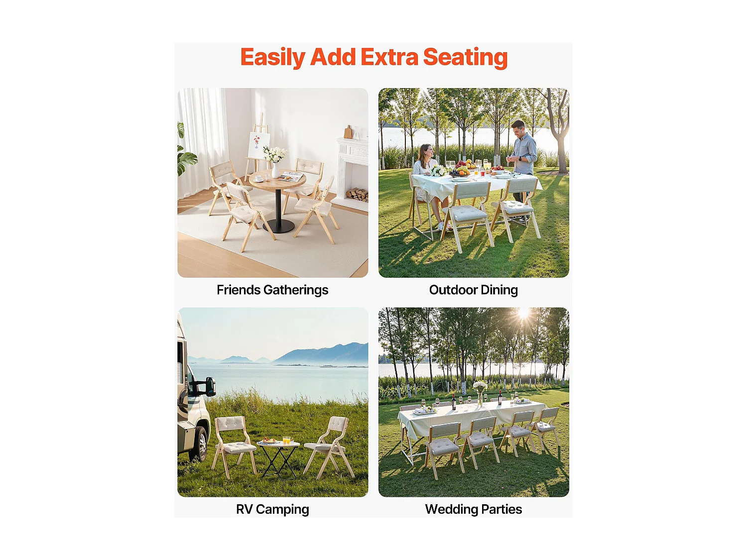 Chaise Pliante SucceBuy en Bois avec Coussin, Lot de 4, Chaise de Salle à Manger Portable Rembourrée Moderne avec Coussin d'Assise Pliable, Beige