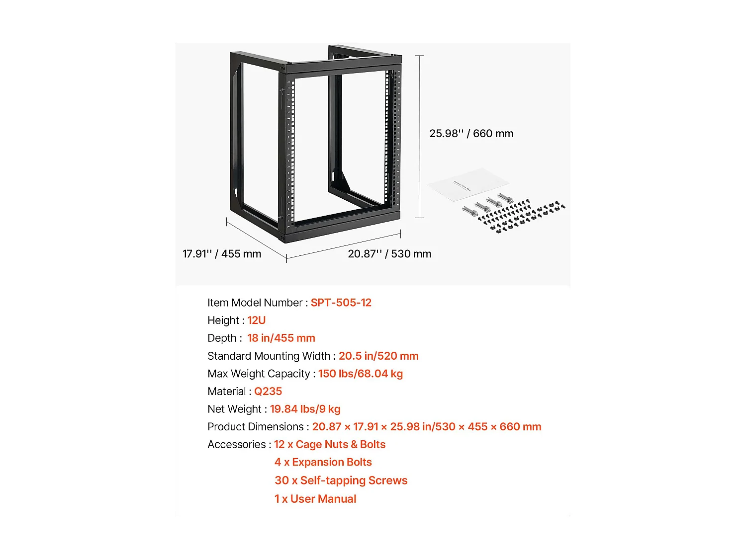Rack de Servidor SucceBuy Mural 12U, Soporte de Red a Marco Abierto, Profundidad 45.5 cm, Capacidad de Carga 68 kg, con Apertura 180°, para Servidor